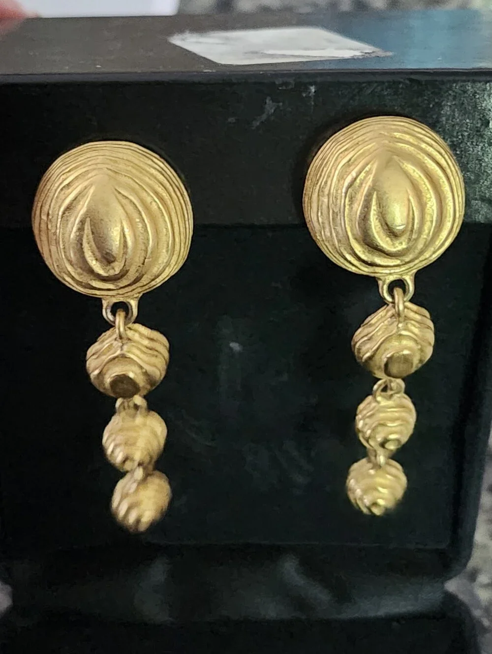 Signed Givenchy Brutalist Runway Long Dangle Drop Gold Tone Textured Earrings